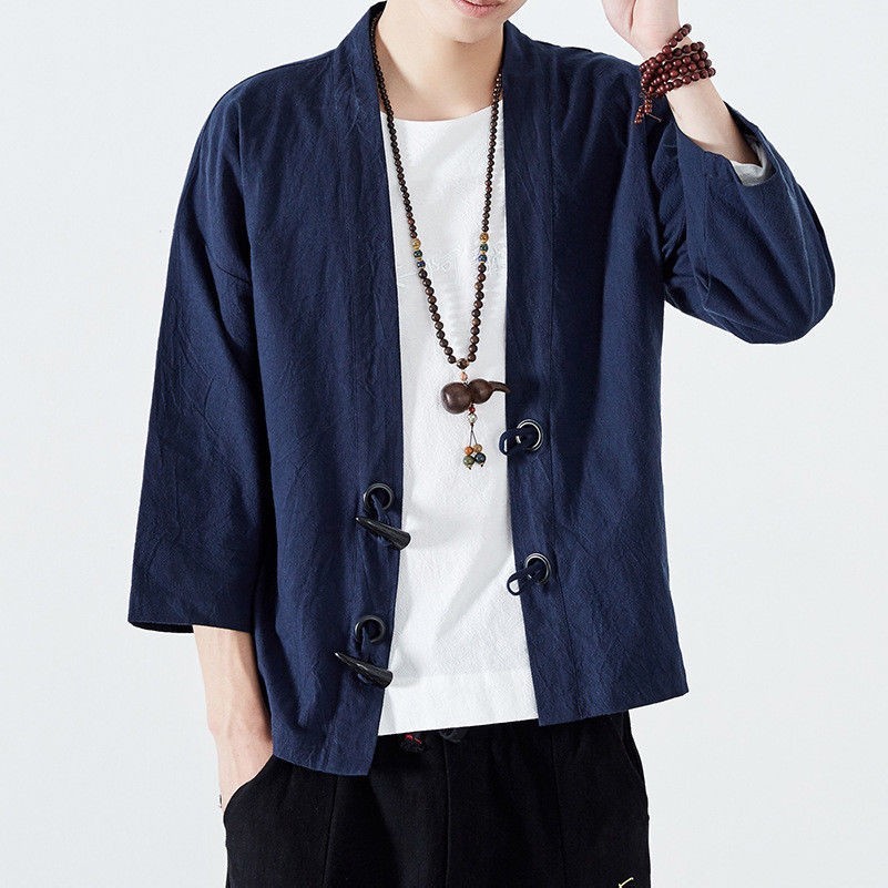 GIAPPONESE UOMO LINO kimono giacca larga cardigan maglia CORNO fibbia