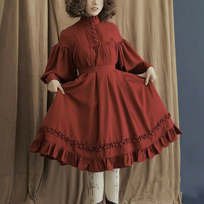 Damen Mädchen Lolita Gothic Kleid Rüschen Lang Puffärmel Süß Retro Süß Pink
