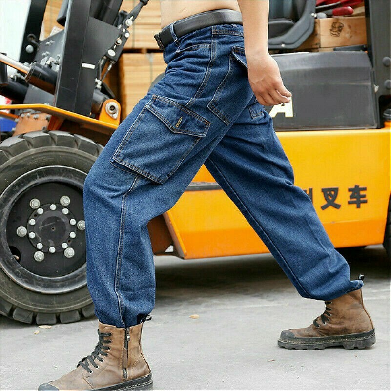Herren Cargo Jeans Schwerlast Arbeit Denim-Hose Kampf Gerade Hose Freizeit