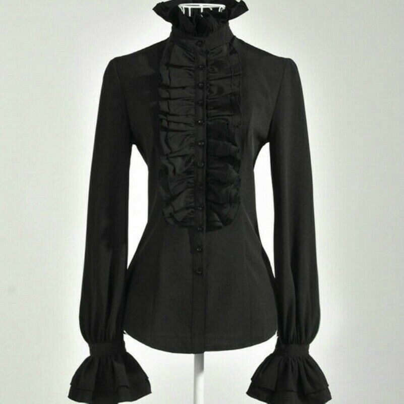 Damen Ruffles Bluse Shirt Oberteile Retro Plissiert Rüschen Viktorianisch