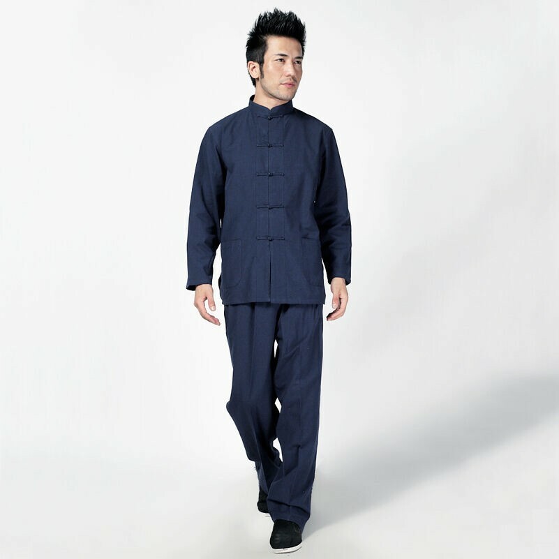 Mens 2 Piece Chinese Kung Fu Suit Shirts Pants Martial Arts Frog Button Top