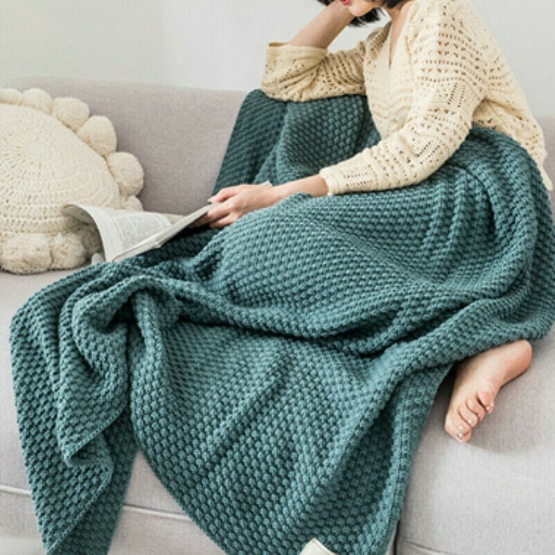 Knitted Blanket Tassel Fringe Bed Sofa Couch Throw Pom Pom Warm Winter Soft