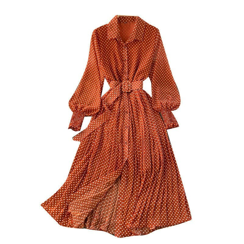 Abito Midi In Chiffon Plissettato Per Donna Con Maniche A Vento E Pois E Cintura