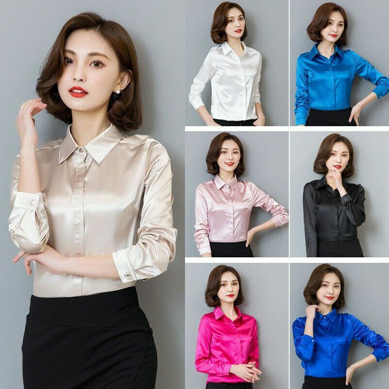 Damen Satin Seide wie Nass Look Top Bluse langärmlig Kragen einfarbig Hemd
