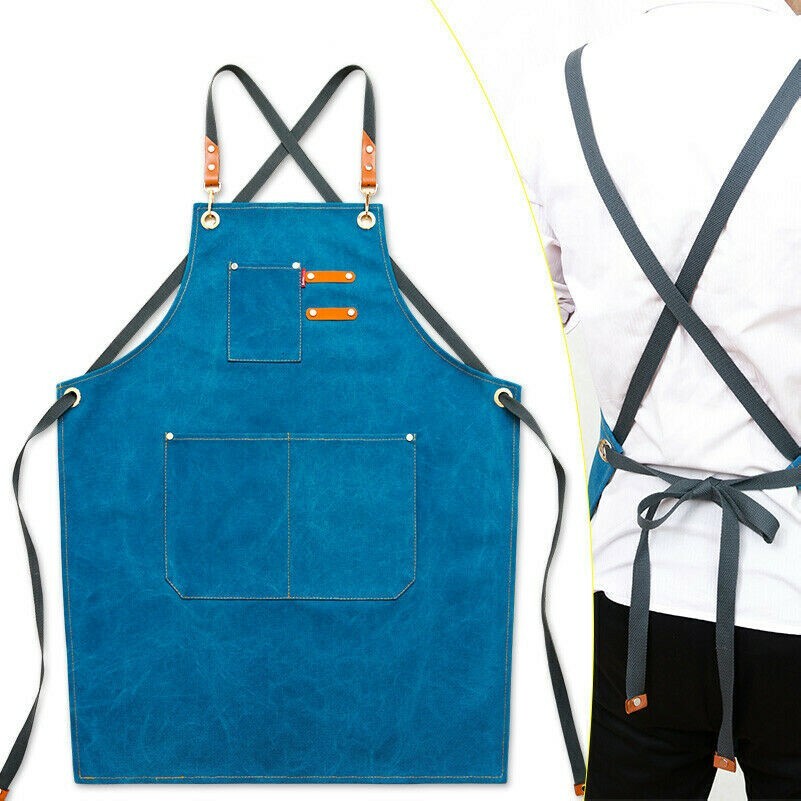 Unisex Denim Canvas Bib Apron Chefs Baking Cooking Workwear Pocket Solid Fashion