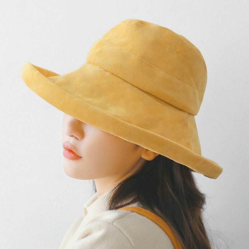 Femme Velours Côtelé Chapeau Bob Buisson Casquette Grand Large Bord Pliable