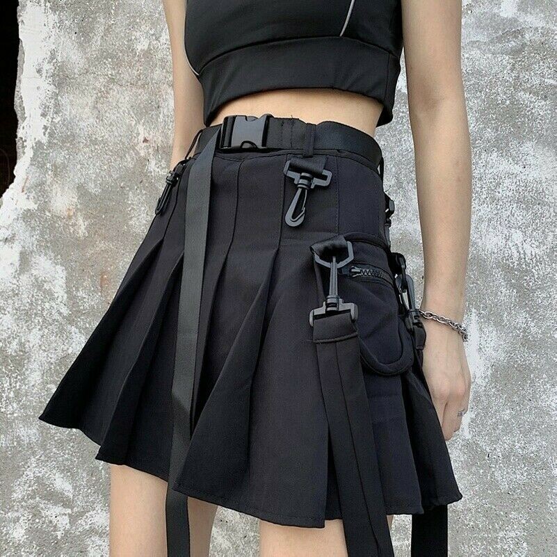 Women Pleated Cargo Skirt Gothic Pocket Punk Mini Japanese Buckle Black