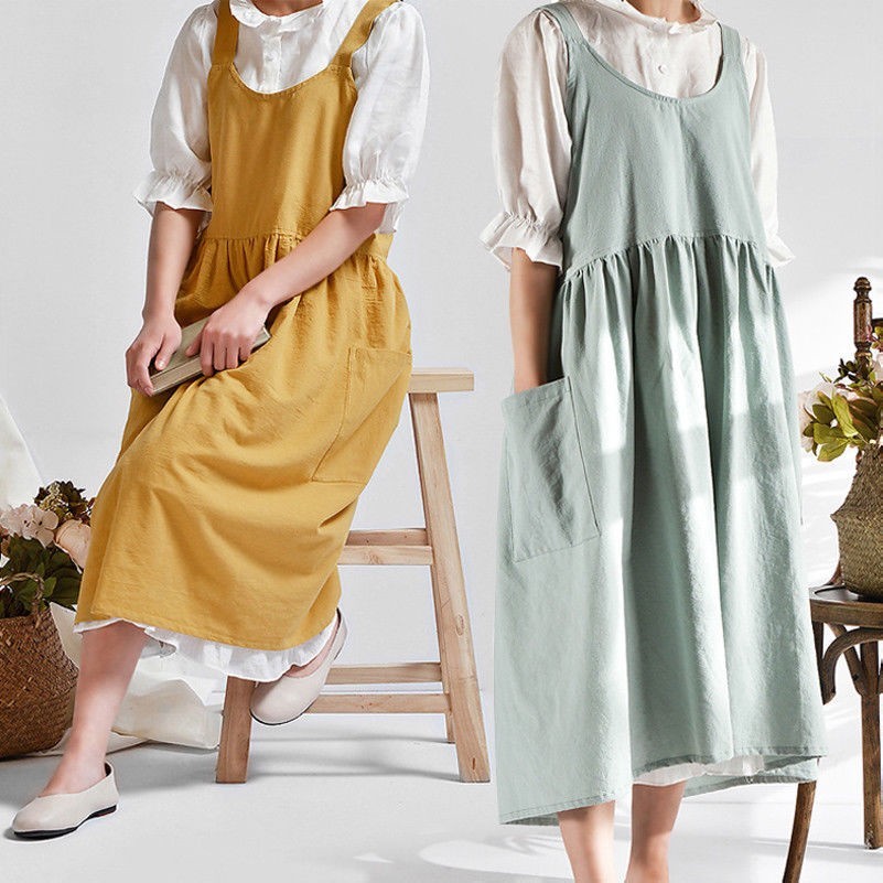 Femme Coton Lin Tablier Ample Poche Solide en Vrac Robe Chasuble Maison Café