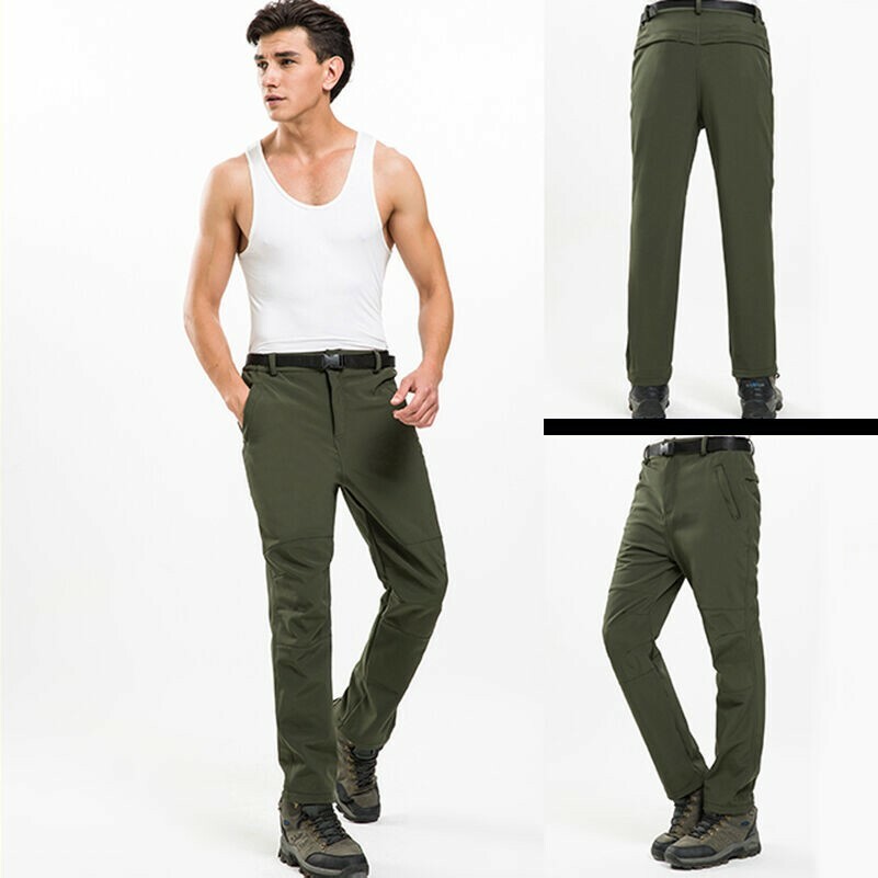 Mens Fleece Lined Soft Shell Pants Waterproof Sports Outdoor Hiking Trousers