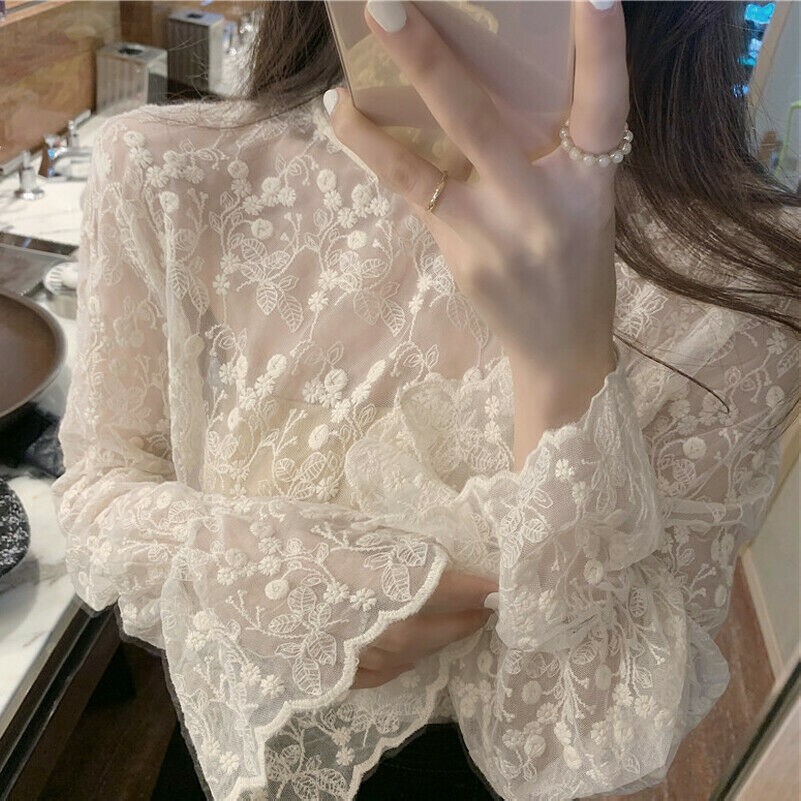 Women Lace Shirt Floral Tops Blouse Flare Sleeve Tee Pullover Turtle Neck