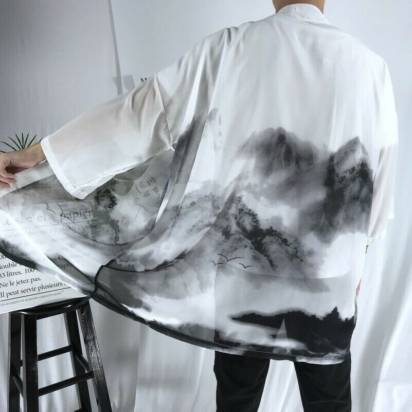 Damen Chiffon Mantel Kimono Strickjacke Herren Locker Yukata Vintage Lang Bluse