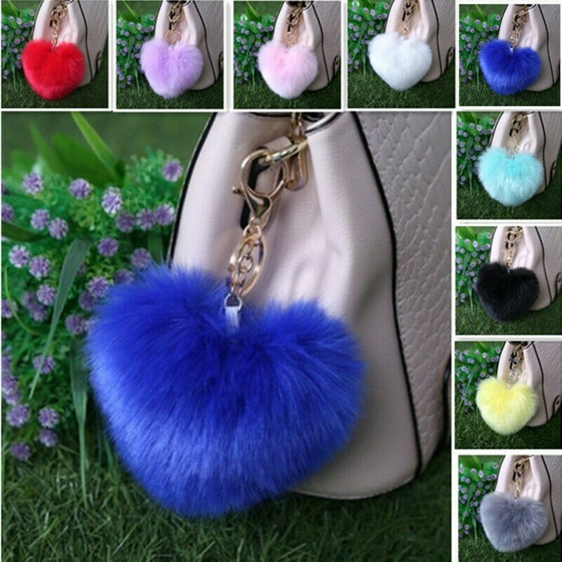 New Heart Shape Faux Rabbit Fur Keyring Handbag Charm Car Pendant Keychain Furry