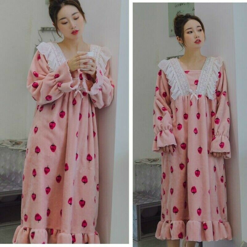 Femme Moelleux Nightgown Fraise Doux Lolita Princesse Chauffe Pyjama Rose