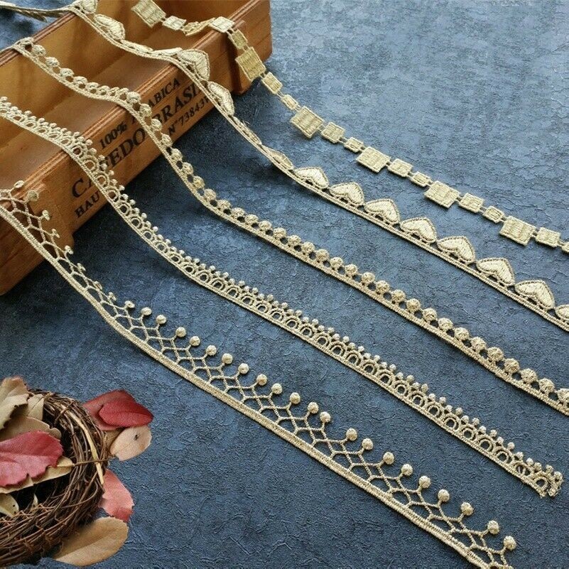 Gold Embroidered Lace Trim Ribbon Fringe Costume Decor Applique DIY Sewing Edge