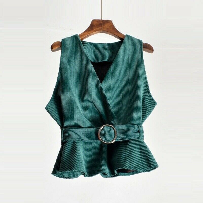 Donna Gilet Top senza Maniche Scollo a V Cintura Velluto Coste Fronzoli Balze