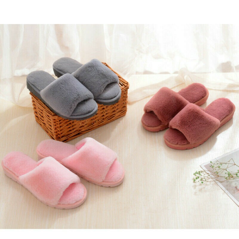 Damen Kunstpelz Slipper Schuhe Flauschig Fell Gefüttert Flach Sandalen Auf Innen