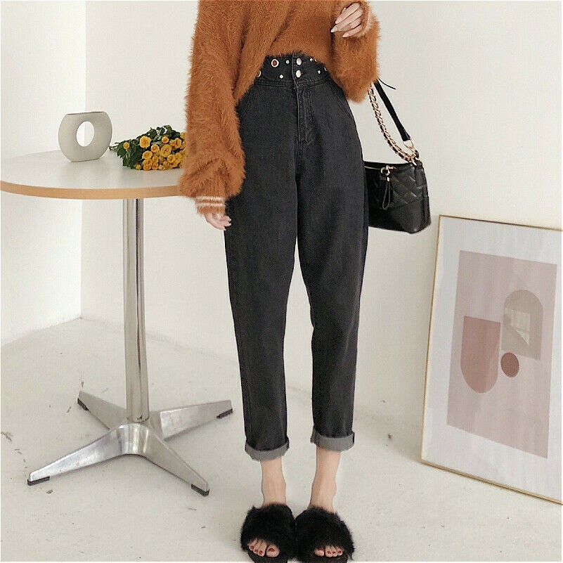 Damen Haremshose Jeans Hohe Taille Freizeit Locker Baggy Hose Metall