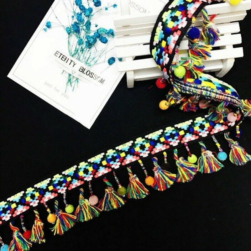 Ethnisch Borte Boho Böhmisch Quasten Fransen Perlen Pom Pom Rand DIY Nähen