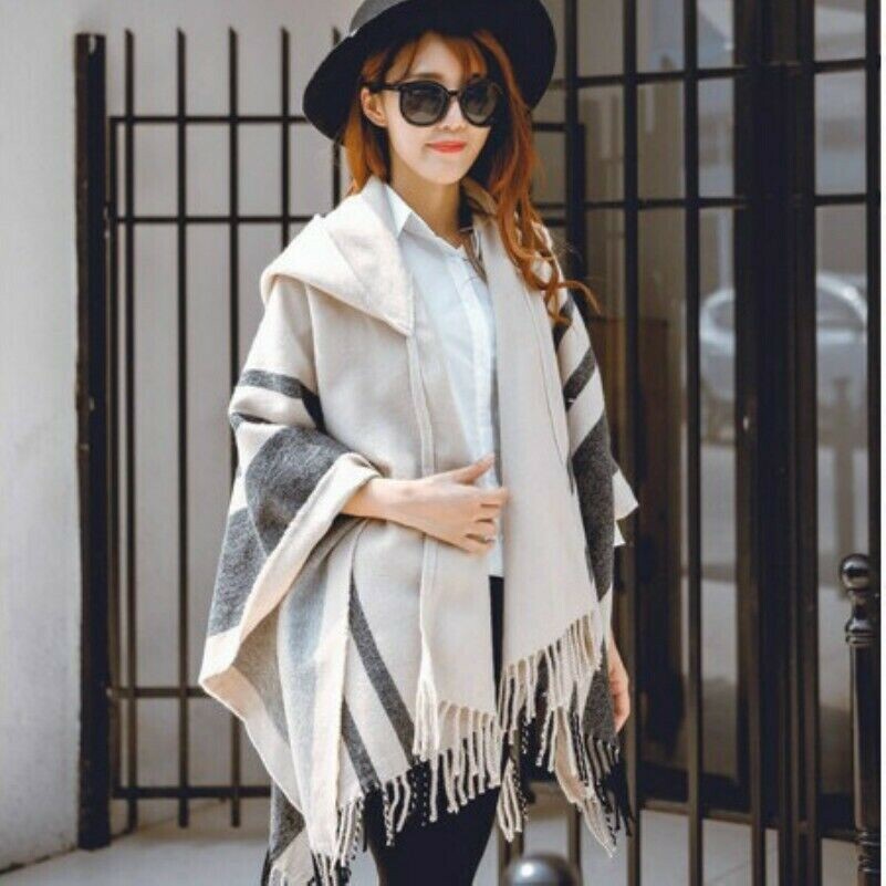 Women Hooded Poncho Scarf Shawl Cape Wrap Stripe Tassel Batwing Sleeve Warm