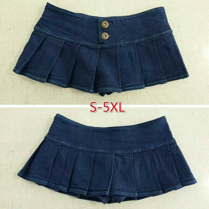 Damen Plissiert Jeansrock Mikro Mini Niedrig Grösse Kurz Tanz Party Partykleider