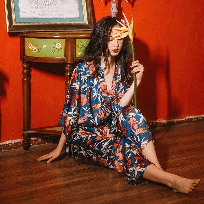 Damen Japanisch Kunstseide Schlafanzüge Yukata Kimono Bademantel Nachtwäsche
