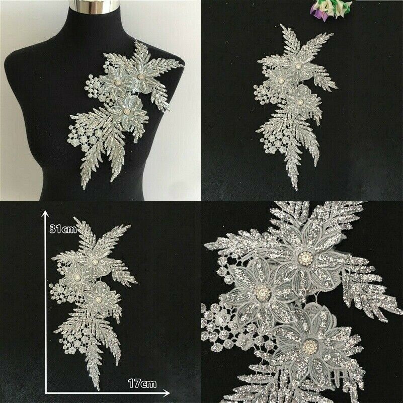 Floral Patch Applique Lace Embroidered Glitter Shiny Rhinestone Sewing Dress