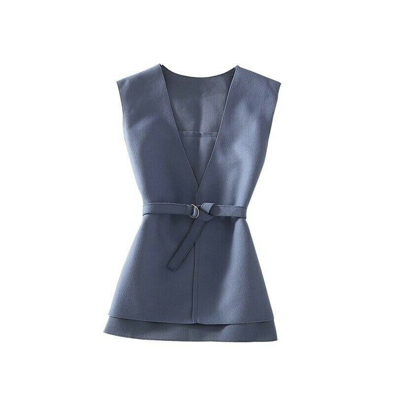 Women Knitted Waistcoat V Neck Gilet Vest Sleeveless Faux Woolen with Belt Blue