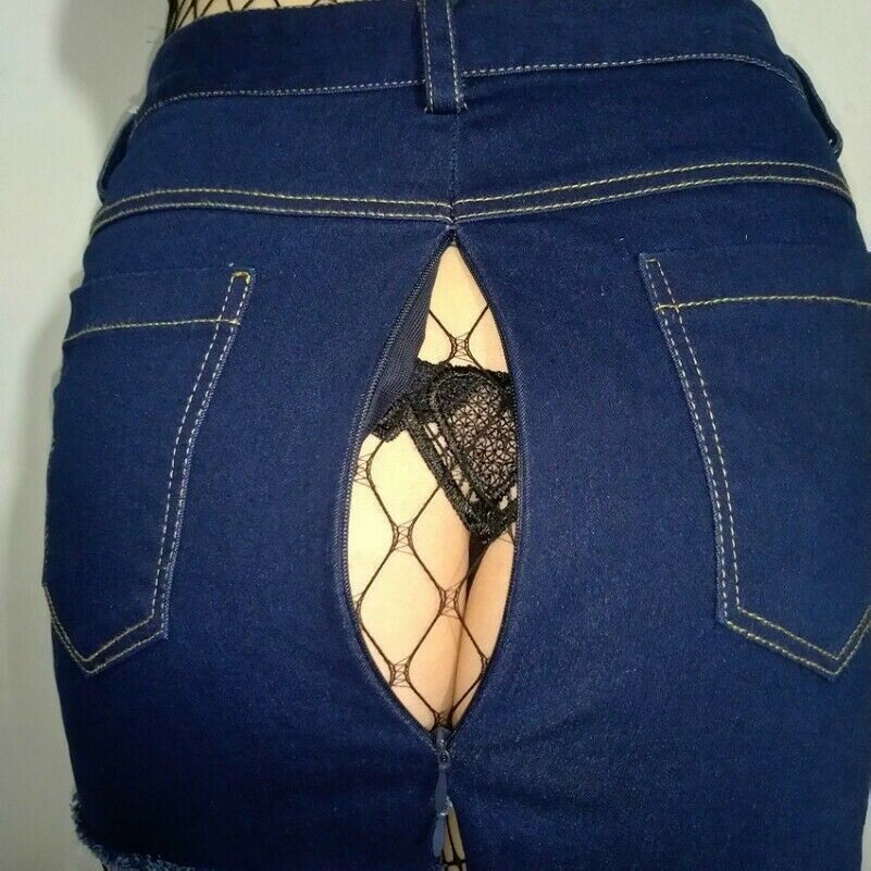 Women Denim Mini Skirt Back Zipper Slit Bodycon Short Pencil Ripped Dark Blue