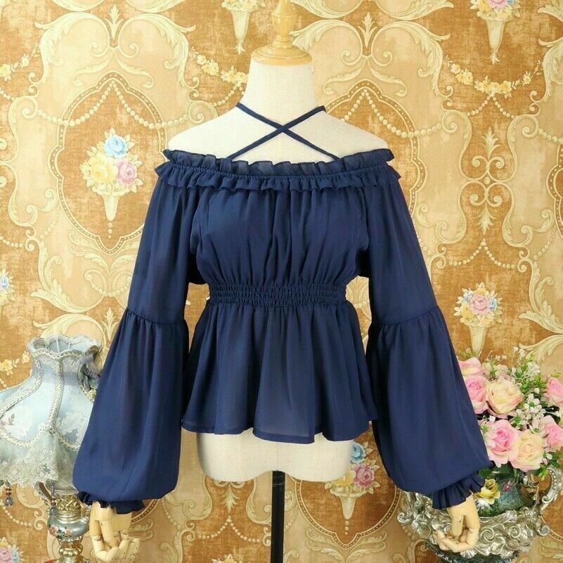 Damen Mädchen Lolita Hemd Bluse Rüschen Spitze Vintage Peplum Top Chiffon Kawaii