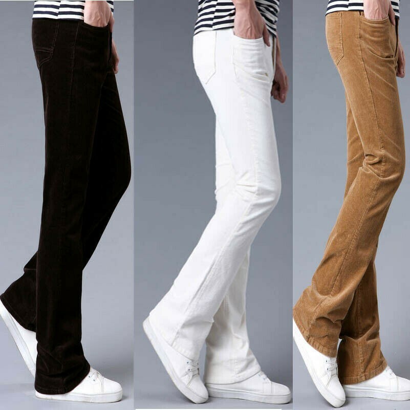 Uomo Velluto a Coste Bell Fondo Svasati Pantaloni Bootcut 70s Rétro Slim-Fit