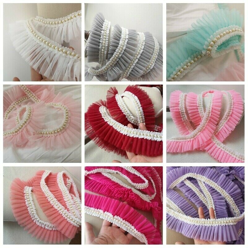 2M Pearl Beaded and Lace Net Ruffle Edge Frill Sewing Trim Dress Craft DIY