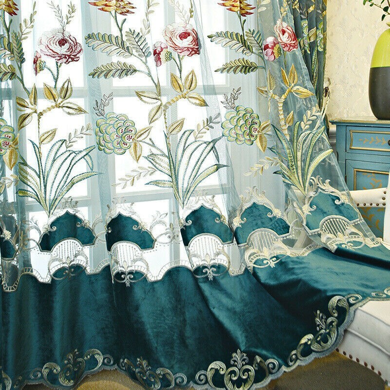 Floral Embroidery Curtains Chenille Blackout Window Drape for Living Room