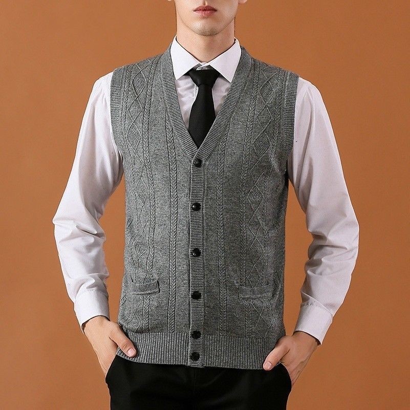 Uomo Lana Gilet senza Maniche Maglione Cardigan Slim a Maglia Doppia