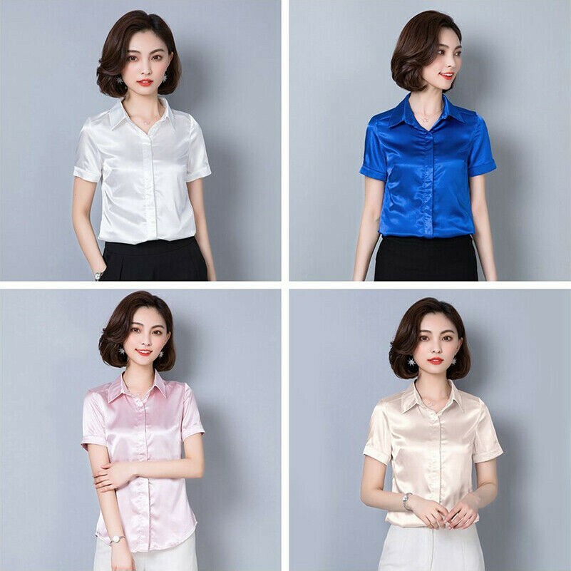 Womens Silk-like Short Sleeve Shirt Satin Smart Casual Blouse Top Button Down