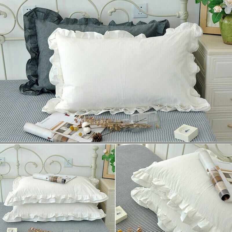 2x Ruffle Pillowcase 100% Pure Cotton Falbala Bedding Pillowslips French Fashion