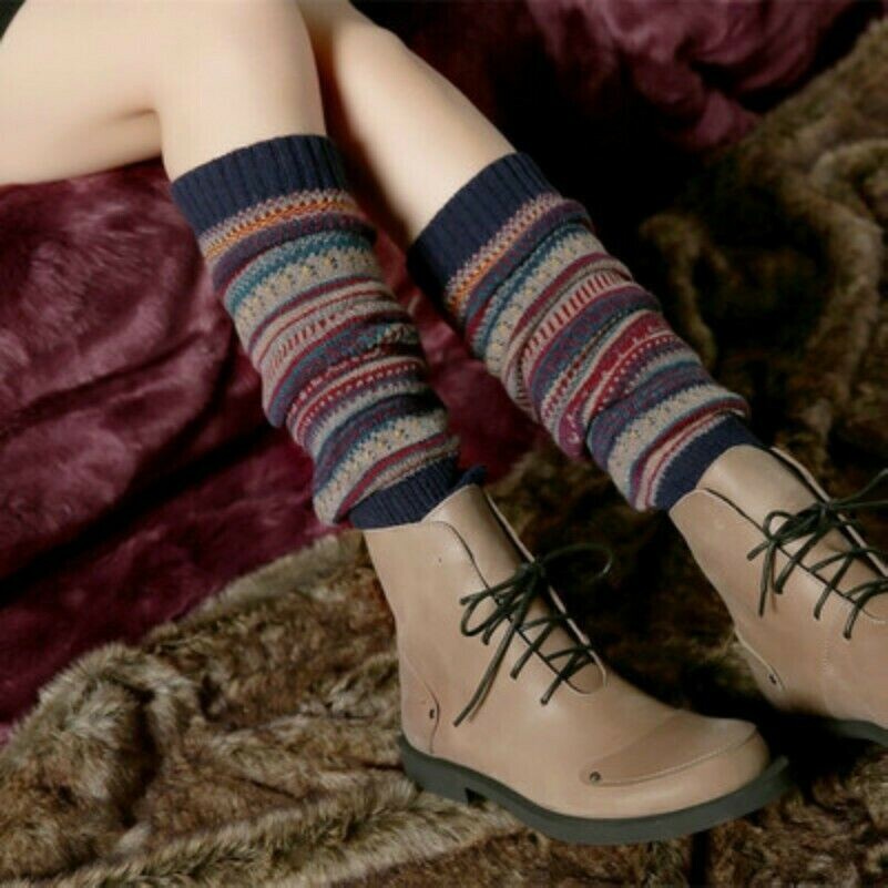 Damen Langes Bein Strick Socken Boho Häkel Norweger Kniehoch Stiefel Manschette