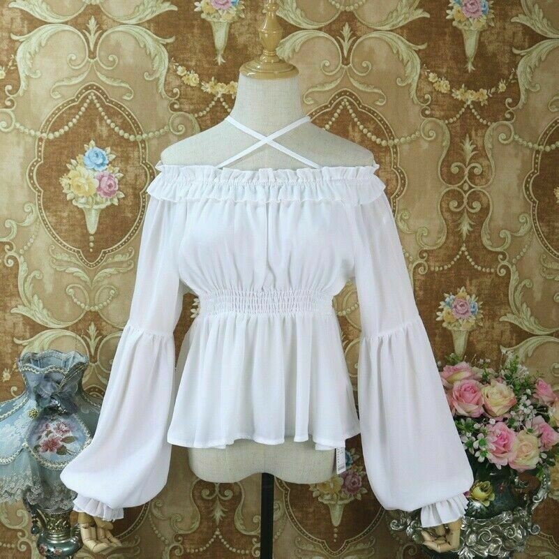 Damen Mädchen Lolita Hemd Bluse Rüschen Spitze Vintage Peplum Top Chiffon Kawaii