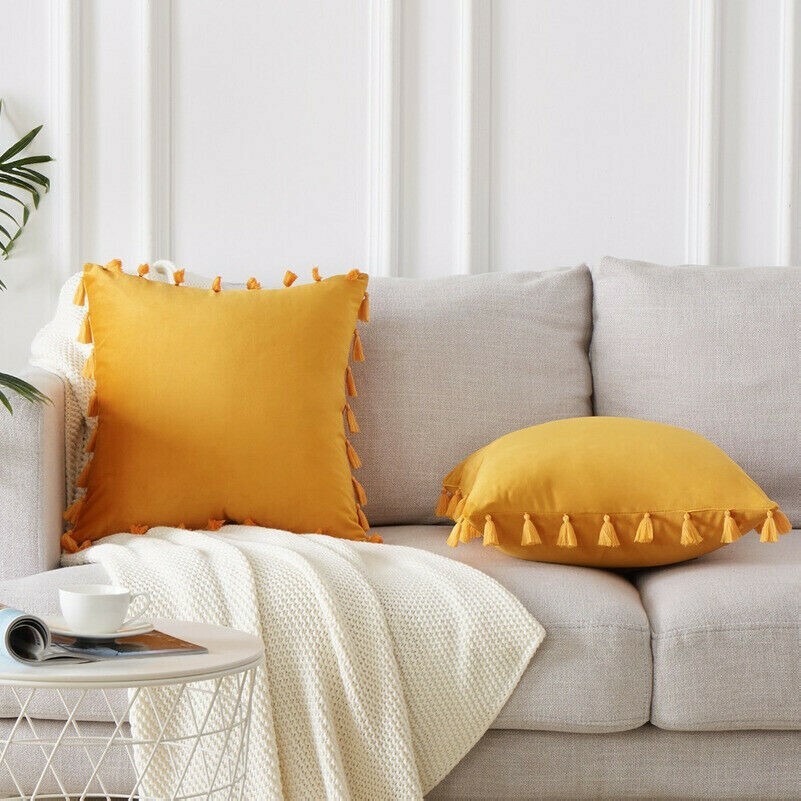 2pcs Throw Sofa Pillow Case Cover Cushion Velvet Velour Tassel Home Decor