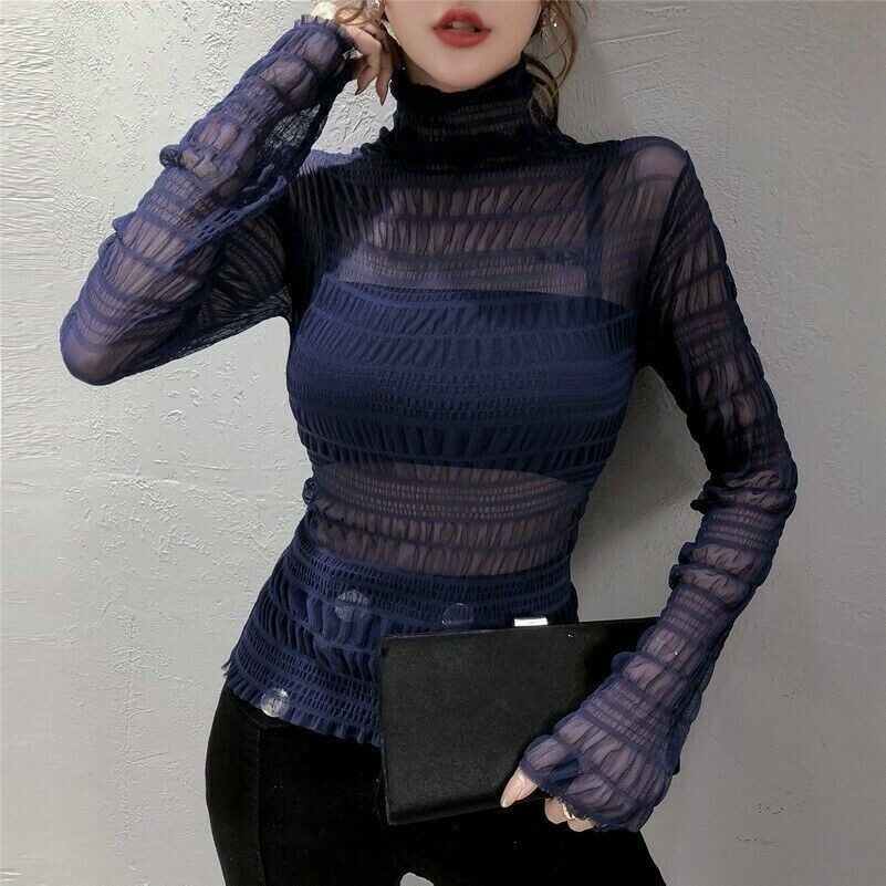 Femme Plissé Maille Dentelle Haut Chemise Pull T-Shirts Chemisier Pur Volant