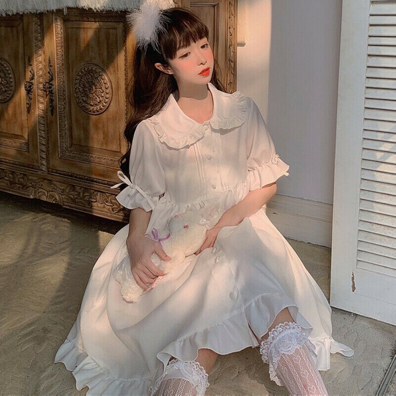 Giapponese da Donna Dolce Lolita Abito Increspatura Principessa Fairy Bianca