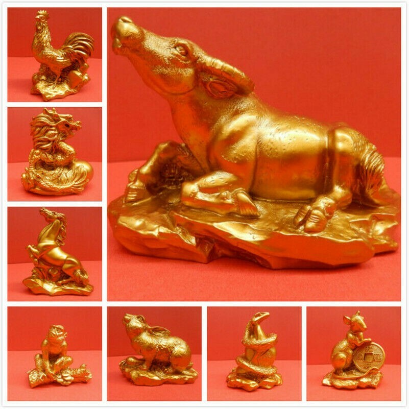 Oro Cinese Resina Zodiac Animali Statua Scultura Decorazione Casa Feng Shui