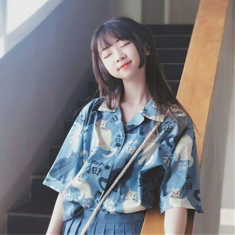 Women Girls Kawaii Shirt Short Sleeve Tops Blouse Cat Cute Lolita Sweet Japanese