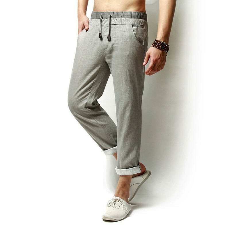 Men Cotton Linen Straight Leg Slim Fit Trousers Elastic Waist Loose Plain Pants