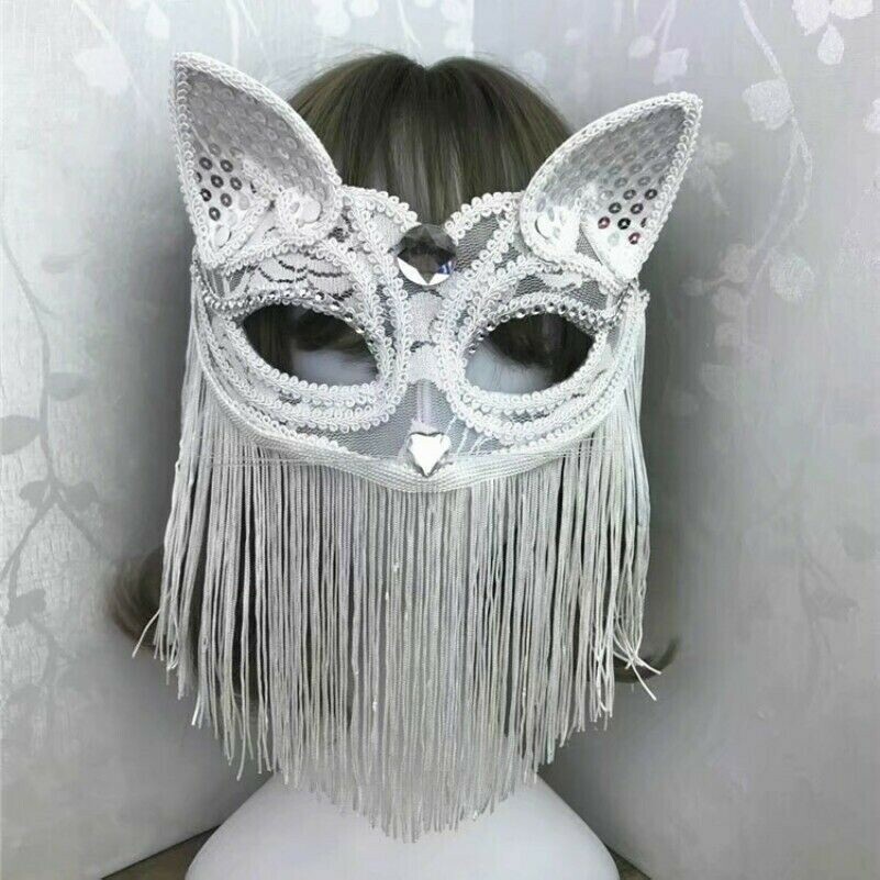 Masquerade Party Eye Mask Venetian Lace Fox Cat Animal Tassel Fringe Sequin
