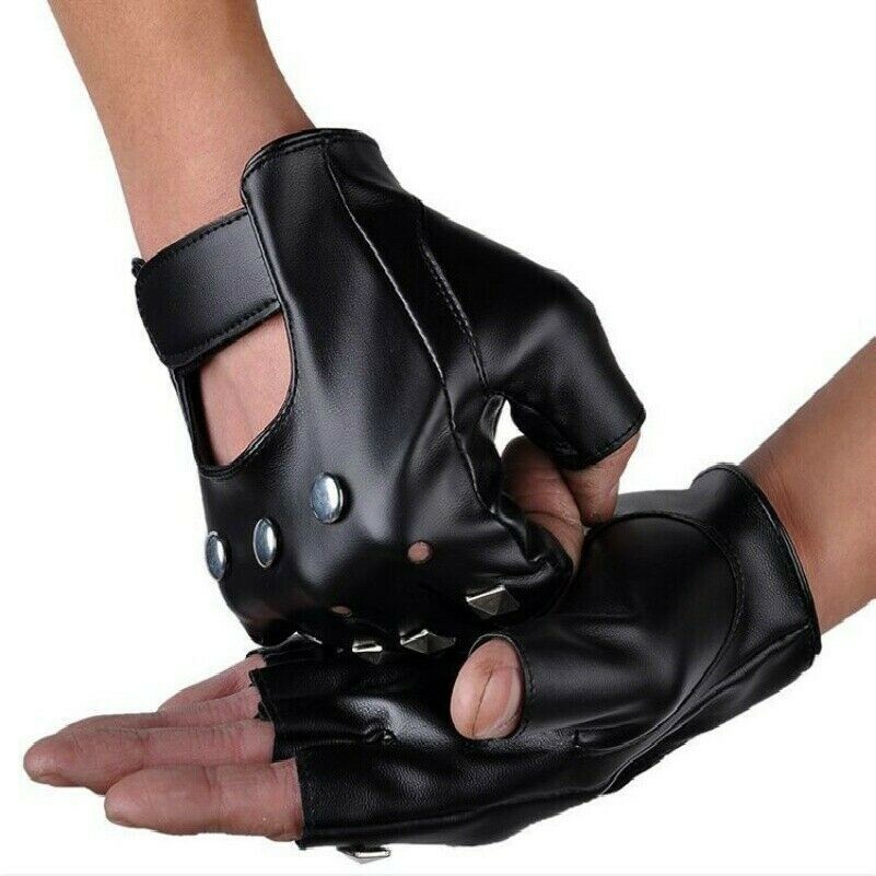 Men Gloves Stud Rivet Punk Gothic Vintage Fingerless PU Leather Dance Drive