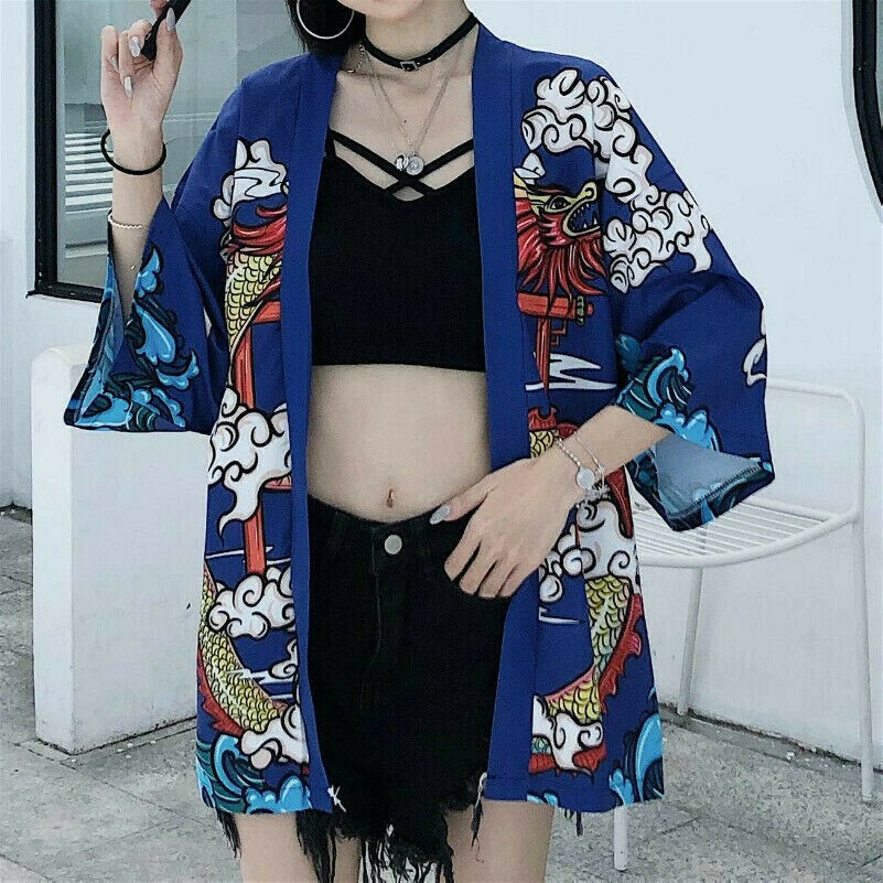 Femme Fille Japonais Kimono Cardigan Dragon Harajuku Manteau Yukata Peignoir Top