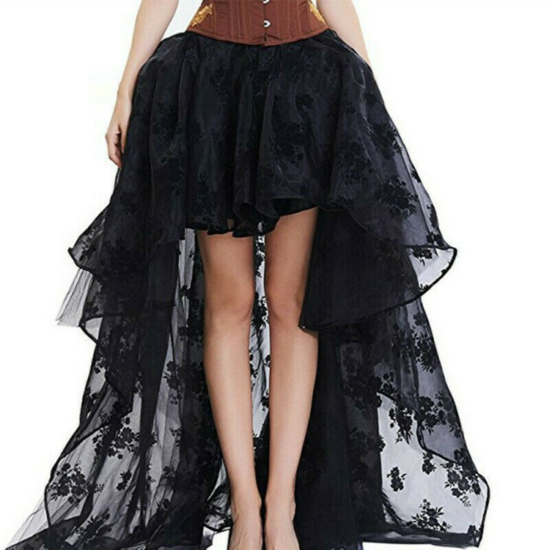 Women Mesh Lace Irregular Long Skirt Printed Floral Tulle Punk Goth Rock Vintage