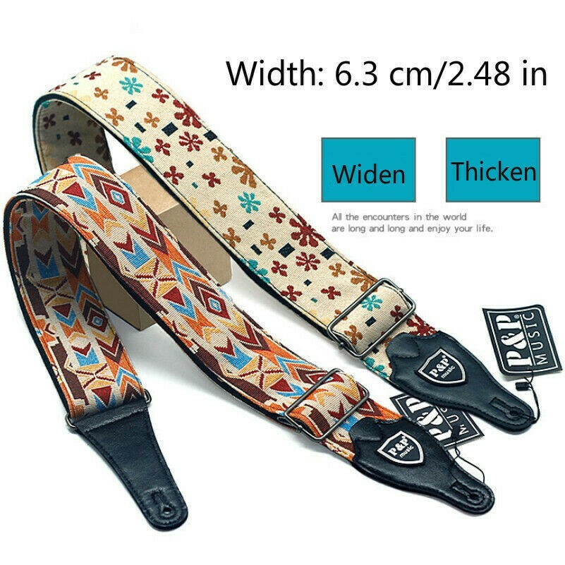 1 X Bestickt Gitarrengurt Mit PU Leder Enden Einstellbar Schulter Gürtel
