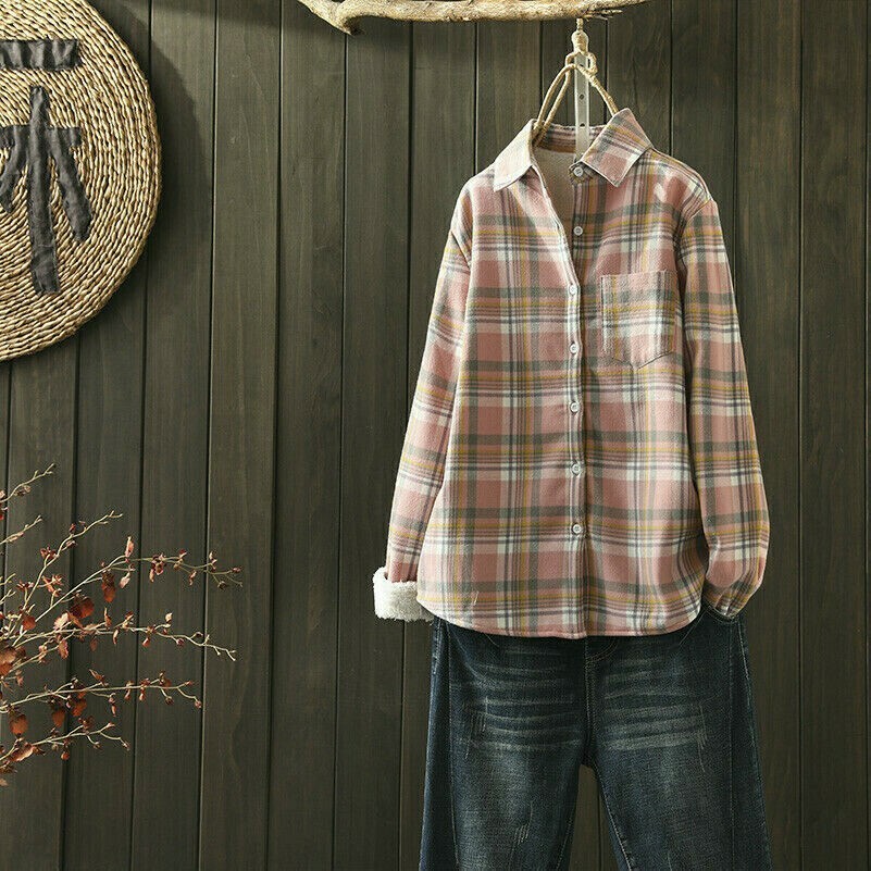 Ladies Plaid Shirt Velvet Check Warm Thick Fleece Blouse Coat Tops Jacket Casual