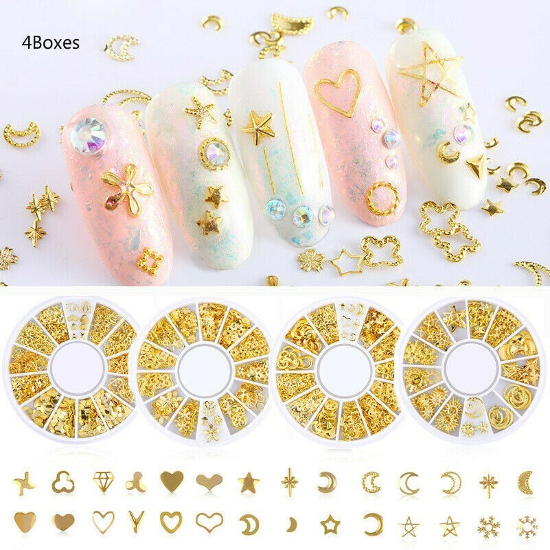 3D Nagelkunst Dekoration Metall Hohl Nieten Sticker DIY Maniküre Spitzen 4 Boxen